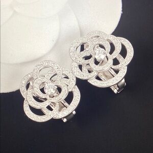 Rhinestone Flower Clip-On Earrings in Silver Tone